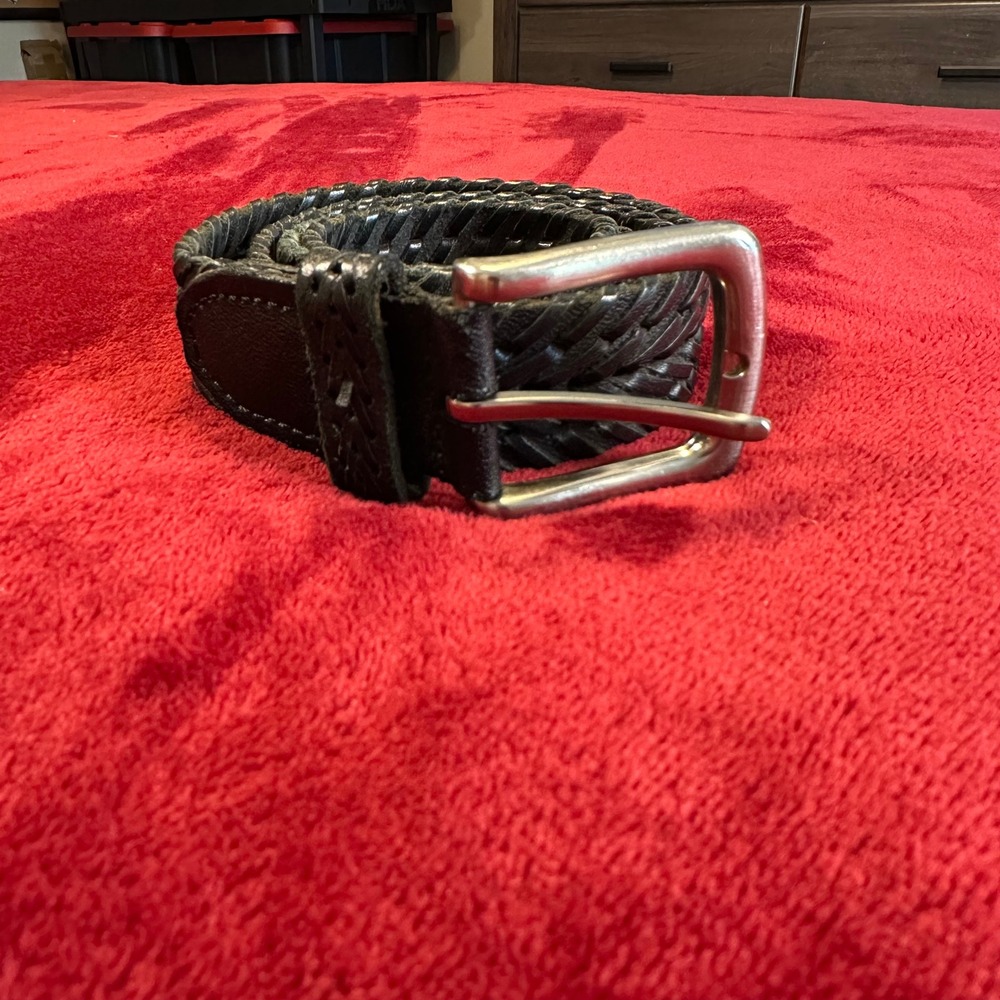 Mens Black Braided Leather Belt Silver Buckle Woven Chevron Strap‎ 43 Inch